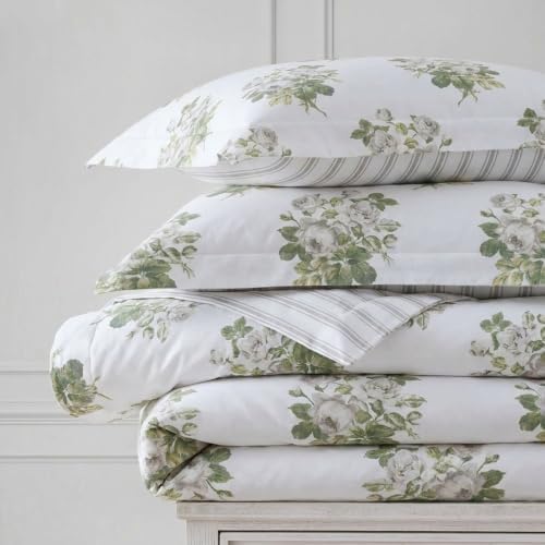 Image of Martha Stewart - Queen Comforter Set, Smooth Sateen Front with Subtle Sheen & Lightweight Cotton Percale Reverse, 3 Piece Bed Set with Matching Pillowcases (Eloise Floral Grey)