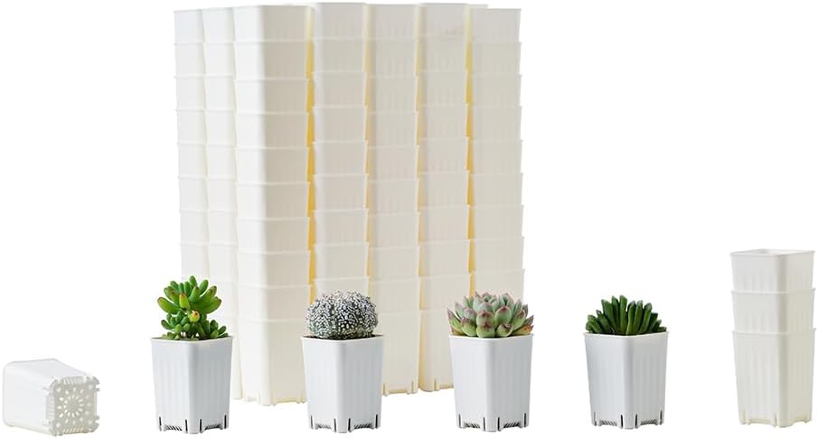 BangQiao 120 Pack 2.40 Inch Small White Plastic Square Nursery and Seedling Pot, Deep Transplant Seed Starter Planter with Drain Hole for Germination, Herb, Succulent