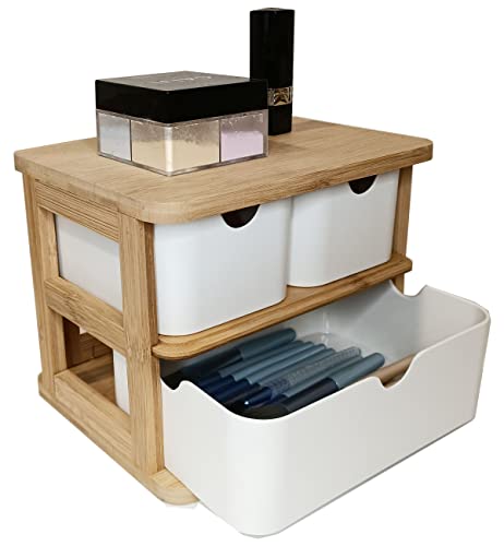 Bambware Multipurpose 3 Tier Bamboo Desk Organizer With 3 Bamboo Fiber Drawers For Desktop Office Supplies Vanity Kitchen And Home, Space-Saving #TOP4