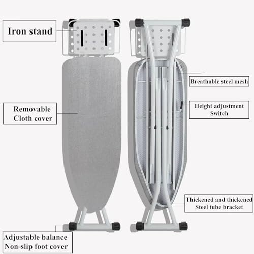 Heavy Duty Ironing Board with Steam Iron Stand, Adjustable Height, Folding T-Legs, Non-Slip Iron Stand, Luxury 4-Leg Design