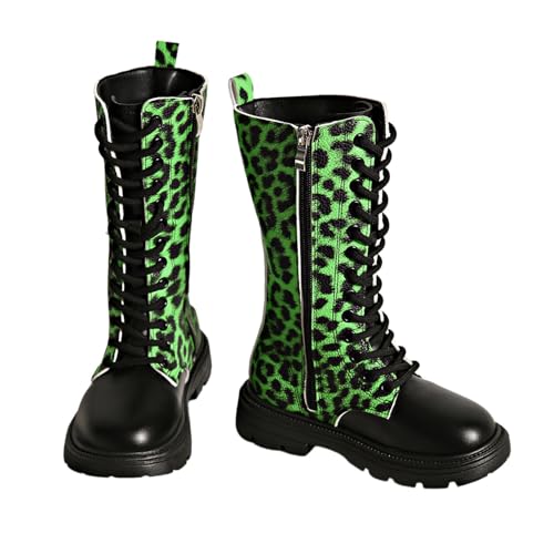Image of Girls Knee High Boots with Side Zipper Kids Mid Calf Combat Riding Boots Lace Up Boot Non Slip Waterproof Leather Belted Bow Punk Goth Boot Fall Winter Fashion School Shoes (A0a9-Green, 11)