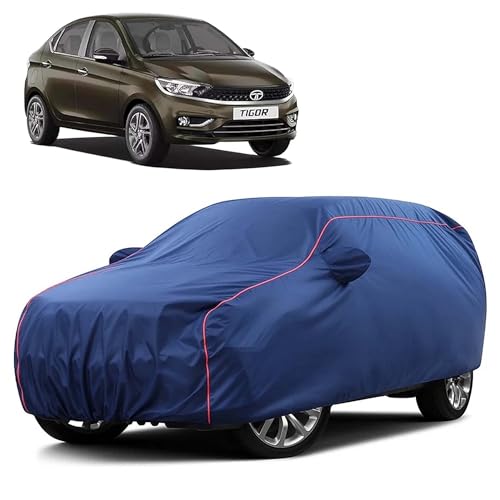 Image of Sulfar 100% Water Resistant Car Body Cover Compatible with Mirror for Tata Tigor (Triple Stitched, Full Bottom Elastic, Blue Taffeta with Red Piping)