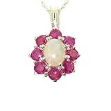 Ladies 925 Sterling Silver Ornate Large Natural Fiery Opal and Ruby Cluster Pendant Necklace