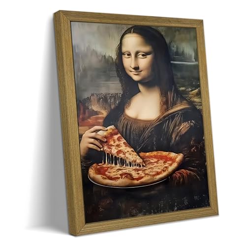 Funny Mona Lisa Canvas Wall Art, Mona Lisa Eating Pizza Wall Decor Painting, Vintage Kitchen Print Poster Picture, Classic Paintings From The Renaissance Period Dining Room Decor 8x10 Inch Framed