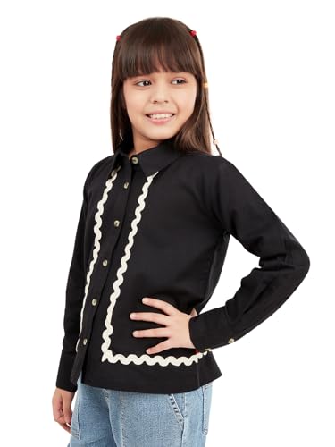 Image of olele Girls Full Sleeve Ruffles Cotton Linen Shirt - White for 4 to 14 Years | Kids Girl White Shirt | White Ruffle Shirt for Girls | Shirt Jeans