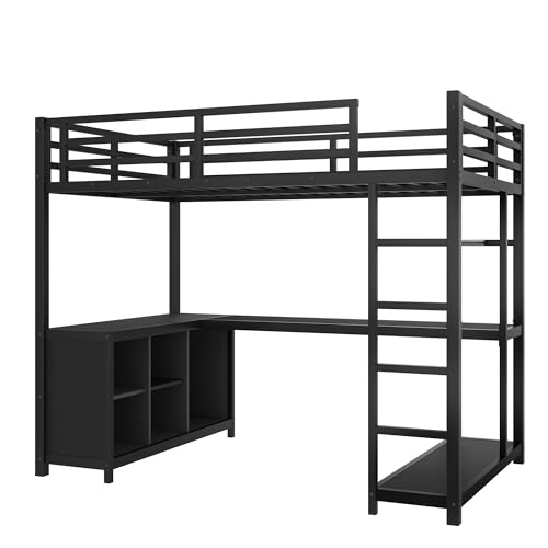Image of Bellemave Metal Twin Size Loft Bed with Desk and Clothes Rack,Heavy Duty Loft Bed Frame with Storage Shelves for Kids,Teens,Adults,Space Saving,Black