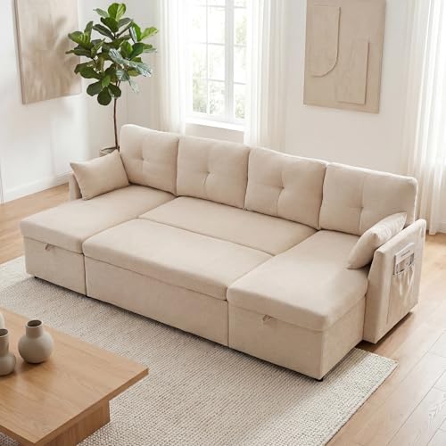 Image of Huatean Home Oversized Sleeper Sofa Couch, 100 inch 2 in 1 Pullout Couch Bed with Side Pockets for Living Room, Sectional Sleeper Sofa Bed with Double Storage Chaise, Beige