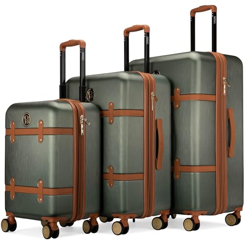 Badgley Mischka Grace 3 Piece Polycarbonate-ABS Expandable Retro Luggage Set (Olive Green)