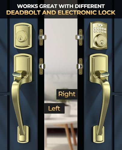 Image of Gold Front Door Handle No Lock, Heavy Duty Front Door Lock Set | Brass Exterior Door Handle No Lock for Every Deadbolt, Zinc Exterior Door Lock, Entry Handleset, Easy Install, Universal