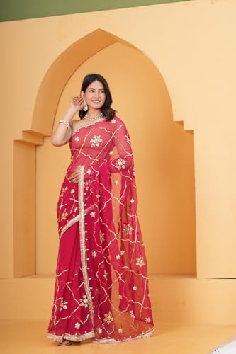 Image of Embroidered Organza Saree with Lace Border for Women | Organza Saree for Wear in Occasions | Elegant Ethnic Wear | Red Pink