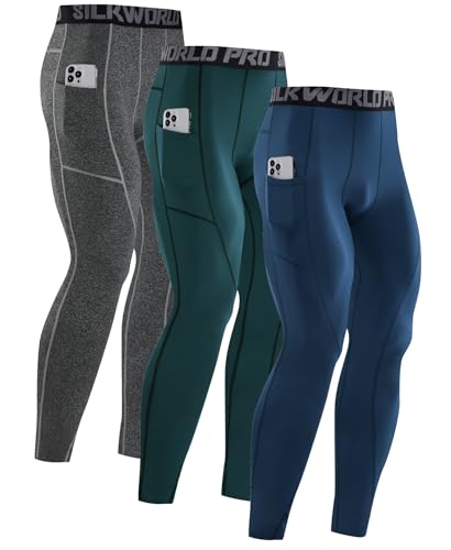 SILKWORLD Thermal Underwear Mens Compression Pants Cold Gear Athletic Gym Leggings with Pockets Winter Base Layer Bottoms,C5_Fleece Lined_3pack_Navy Blue,Hemp Grey,Cyan,Small