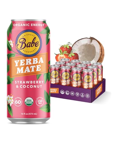Babe Organic Yerba Mate Energy Drinks | 150mg Plant-Based Caffeine | Natural Yerba Mate Tea with No Crash, No Jitters - Strawberry Coconut (12 x 16oz Cans)