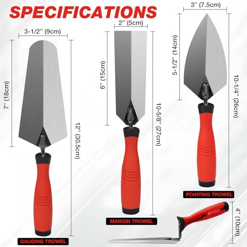 SHALL 3-Piece Masonry Tools Set, 6’’ Margin Trowel, 5.5’’ Pointing and 7’’ Gauging Trowel with Soft Grip Handle, Bricklaying Hand Tool for Concrete, Cement, Plaster, Tile Construction Projects by Shall - Used condition - Image 2