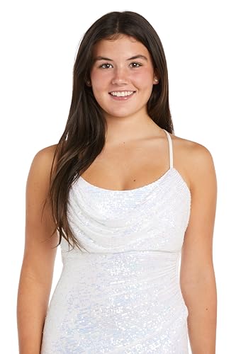 Image of Nightway Juniors' Long Sequin Cowl Neck Gown W /Cross-Back Spaghetti Straps & Side Slit - Prom Cocktail Party