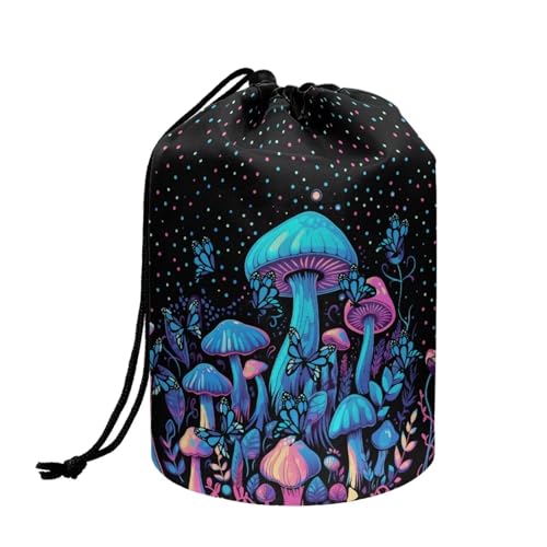 Poceacles Mushroom Butterfly Print Travel Cosmetic Bags for Women Portable Foldable Drawstring Makeup Bag, Large Toiletry Bucket Bags Organizer Storage Pocket
