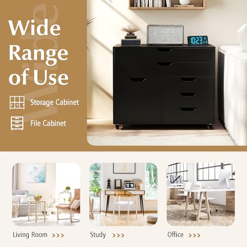 Image of DREAMADE Rolling File Cabinet, 5-Drawer Filing Cabinet, Black