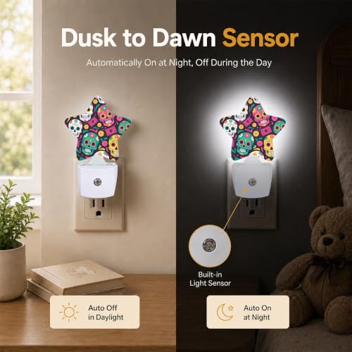 Image of Skeleton Star Night Light Plug in, Decorative Night Light for Kids Room Nursery Bedroom, Soft Glow Sensor Lamp for Hallway Bathroom, Compact Energy Saving