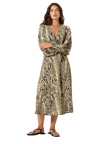 Long Tall Sally - LTS Tall Beige Brown Snake Print Wrap Midi Dress - Women's