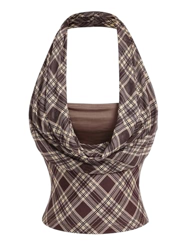 OYOANGLE Womens Y2k Halter Tank Tops Ruched Backless Sexy Going Out Plaid Crop Top Brown Small