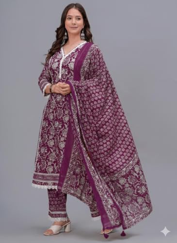 Image of Amayra Women's Pure Cotton Printed Straight Kurta Set with Palazzo Pants & Dupatta- Ethnic Wear