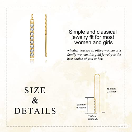 Pull Through Bar Earrings Yellow Gold Long Threader Dangle Earrings Fine Gold Cubic Zirconia Piercing Tassel Ear Line Eardrop Earrings Jewelry For Women Teen Girls #TOP2