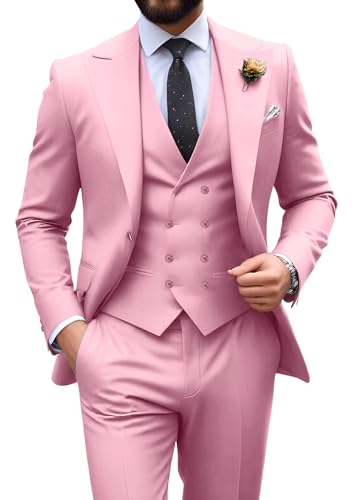HUEZOE Pink Suits for Men Slim Fit Suit 3 Piece Double Breasted Suit Men Groomsmen Formal Wedding Dress Tuxedo Suits Small