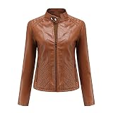 CXWLK Damen Lederjacke Stehkragen Kunstlederjacke Retro Motorradjacke Winddicht Warm Reißverschluss Jacke Dünne Langarm-Motorrad-Lederjacke Für Damen，Kamel，L
