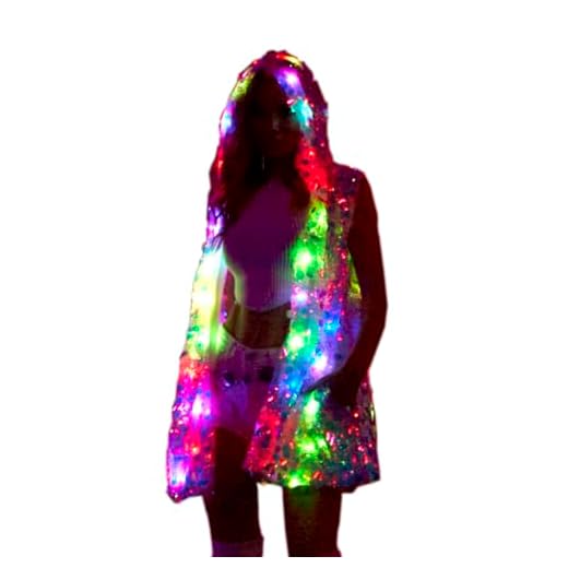 O-MAYEVER LED Light Up Jacket Vest for Women - Sparkling Pink Sequined Rave Outfit with Multicolor Effects for Festivals,Parties,Halloween,Burning Man(L/XL)