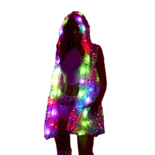 LED Light Up Jacket Vest for Women-Sparkling Pink Sequined Rave Outfit for Festivals,Parties,Halloween,Burning Man