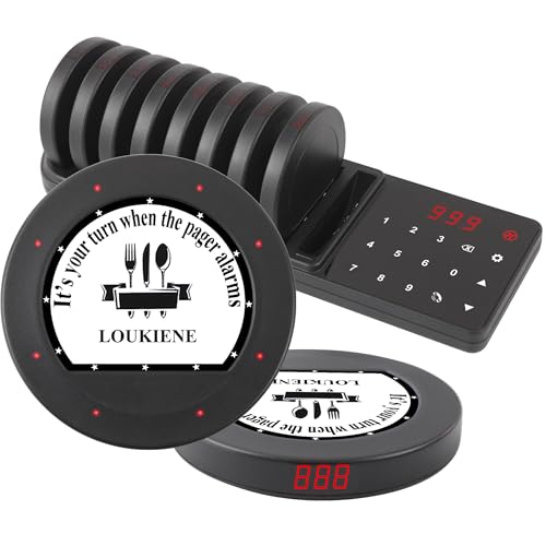 LOUKIENE Restaurant Pager System, 10 Coaster Pagers, Wireless Beepers with Vibrate Flash Buzzer, Independent Quick Pairing Slot, for Food Truck Church Clinic Nursing Home Pub Bar