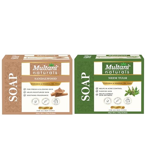 Image of Multani Natural Neem Tulsi & Sandalwood Soap For Bath (125 Gm - Pack of 6) | Helps In Reducing Acne | For Deep Hydration & Glow | For Pigmentatio & Sun Damage | Helps Rejuvenate Dull & Tired Skin | Paraben Free | Clinically Tested | For All Skin Types | Soap Bar For Men & Women