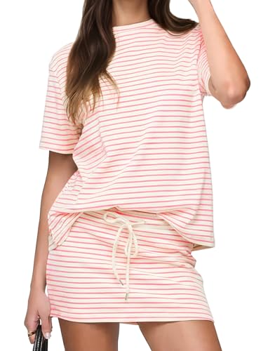 KFUBUO Women's 2 Piece Striped Mini Skirt and Top Set Short Sleeve T Shirt Matching Skort Sets Casual Summer Outfits