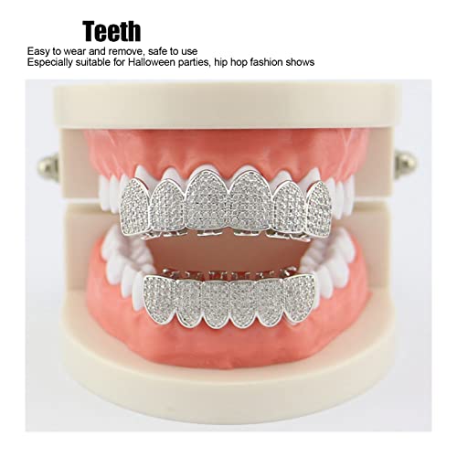 Diamond Grills For Teeth Set Hip Hop Teeth Brace Shiny Top Bottom Teeth Grillz Removable Teeth Mouth Guard Trick Joke Prop Halloween Costume Accessories For Adults Children(Silver) #TOP5