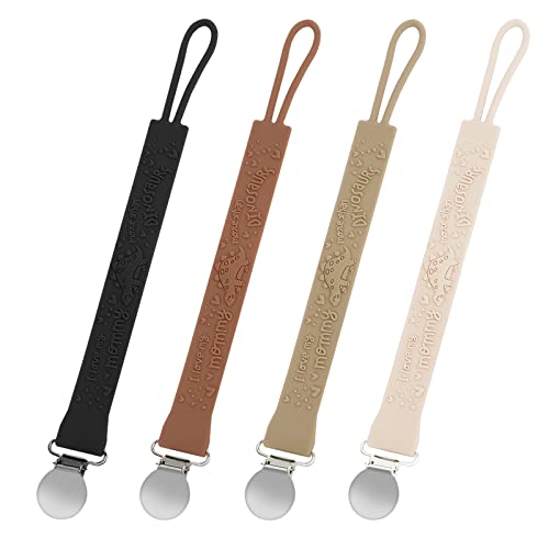 Image of Silicone Pacifier Clip, 4 Pack Neutral Colors Pacifier Holder Clips Match Most Outfits and Any Occassions for Boys & Girls(Black, Camel, Pale Khaki, Cream White)
