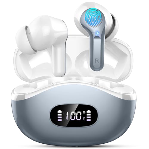 Image of Wireless Earbuds, 48Hrs 2026 Bluetooth Headphones, Hi-Fi Stereo Deep Bass Ear Buds, ENC Noise Cancelling Mic, Clear Calls, IP-X7 Waterproof, USB Sport Earphones in Ear for Phones Laptop Pad, Gray
