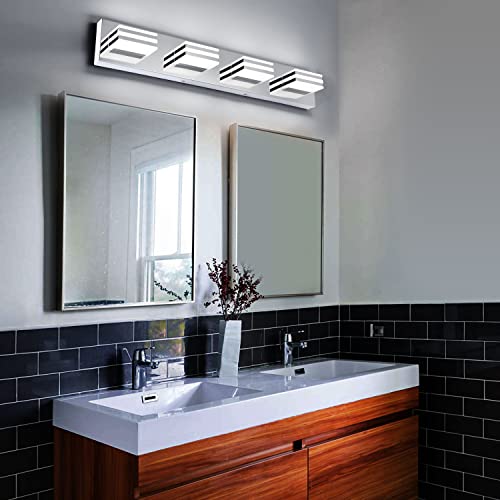 Image of LED Vanity Lights for Bathroom 4 Light Bathroom Lamp over Vanity 27Inch Bathoom Mirror Light Fixtures Modern Bath Bar Lighting Chrome Vanity Lighting Fixtures 24W Restroom Light Fixture 6000K