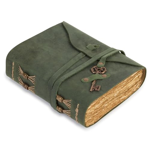 Diário vintage de couro verde com chave, papel de algodão - caderno de couro para viagens - 21 x 17 cm ideal para escrita, viagens e notas pessoais