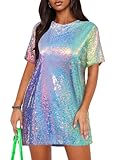Ophestin Women's Sparkly Sequin T Shirt Dress Short Sleeve Crewneck Tie Backless Glitter Party Club Dresses Multi XL
