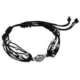 Pulsera – Cuerdas finas negras – perlas y rosa plateadas