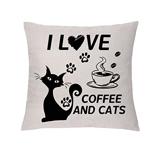 Ghorihub Cat Lover Throw Pillow Cover Cases Funny Cushion Covers I Love Coffee And Cats Pillowcase Lovely Home Decoration To Friend Daughter Son #TOP15