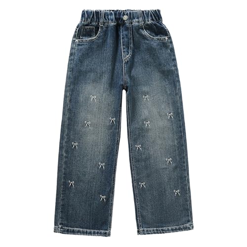 Kids Girls Baggy Wide Leg Jeans Straight Elastic High Waist Bow Distressed Denim Pants Vintage Y2k Streetwear Pockets