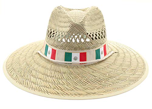 JFH Group Hecho en Mexico Flag Band Wide Brim Beach Sun Straw Hat w/Chin Cord (S06 M Khaki Band)