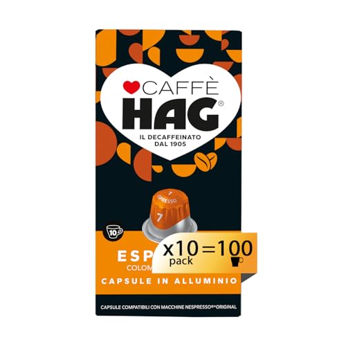 Hag - Capsule Caffè Decaffeinato Espresso Colombia - 100 capsule in alluminio - 10 pacchetti da 10 - Intensità 7 - Compatibili con Macchine Nespresso®* original