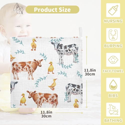 Image of vvfelixl Baby Muslin Washcloths Farm Animals Cows Duckling Baby Burp Cloths Cotton Baby Face Towel for Newborn Infants Boys Girls Soft and Absorbent 11.8 X 11.8 in, 3 Pack