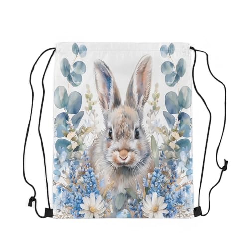 Watercolor Gray Brown Rabbit Drawstring Backpack 13"x16" Natural White Hippie Daisy Blue Floral Gym Sports Cinch Bag Sackpack for Women Men 3D Cute Wild Animal Drawstring Bag for Yoga2