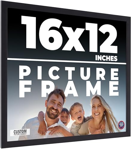 16x12 Frame Black Real Wood Picture Frame Width 0.75 Inches | Interior Frame Depth 0.5 Inches | Noir Classique Mid Century Photo Frame Complete with UV Acrylic, Foam Board Backing & Hanging Hardware