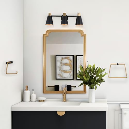 Image of KSANA Black Bathroom Light Fixtures, 5-Piece All-in-One Bathroom Set Modern Farmhouse 3 Light Vanity Lights, Towel Bar, Towel Ring, Robe Hook, Toilet Paper Holder