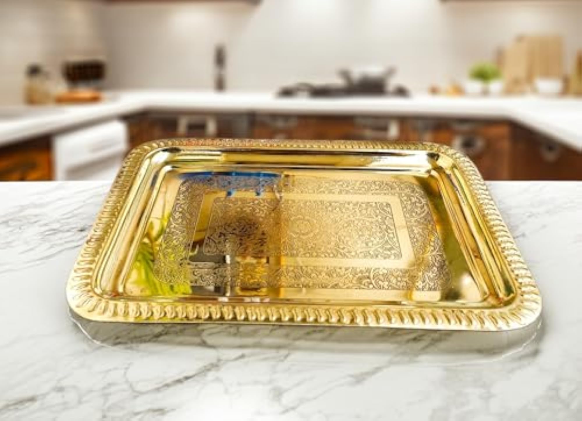 Pure Brass Rectangular Antique Hand Etched Decorative Tray Centerpiece