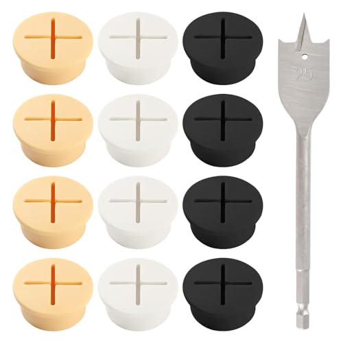 Lyeteung 12 Piezas 25mm Pasacables Escritorio, Pasacables de Silicona Flexible, Ojales de Escritorio, Tapa Pasacables Mesa Oficina, con Taladro, para Oficina, Muebles, Negro/Blanco/Amarillo