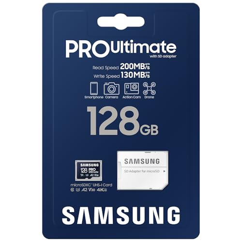 Samsung Carte Mémoire MicroSDXC, PRO Ultimate MB-MY128SA/WW, 128 Go, vitesse de lecture jusqu'à 200 Mo/s, fournie avec adaptateur SD